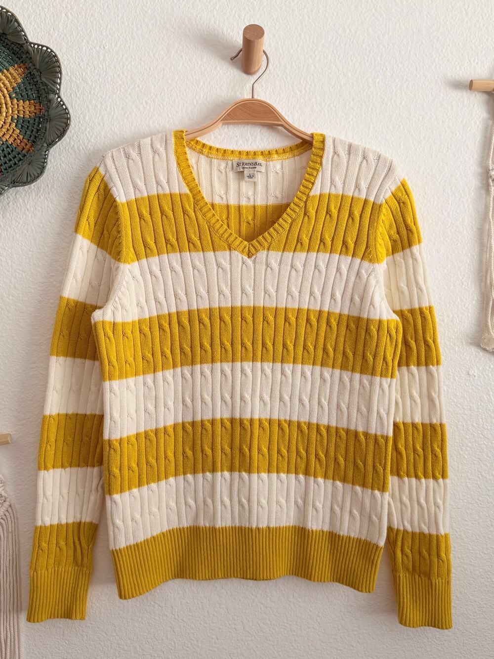 St. John's Bay Yellow Cream Stripe V-Neck Classic Cable Knit Sweater Size Large